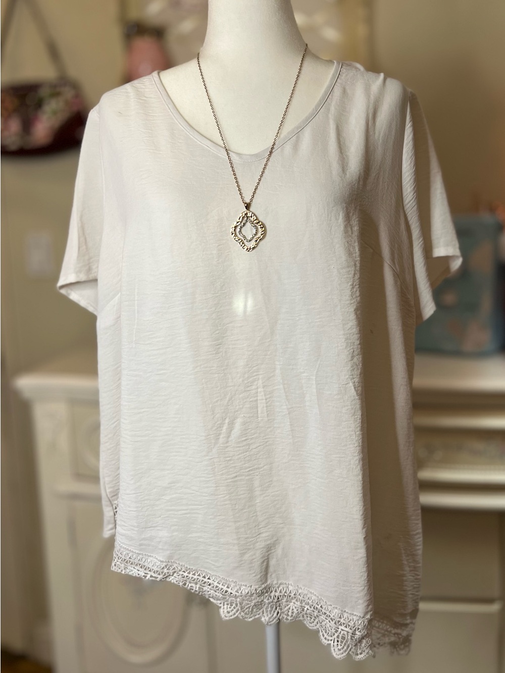 SHEIN Cream Short Sleeve Lace-Trim Tee